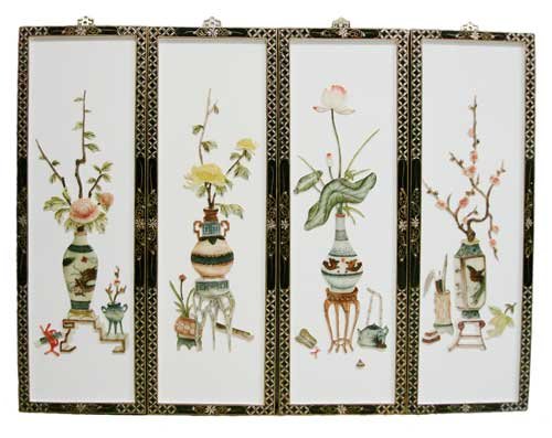 Vintage Oriental White Lacquer Wall Hangings, the Four Seasons - Soapstone, Hand Painted, Mounted on Wood