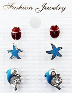 Ladybug Starfish & Dolphin - Childrens Stud Earring Set - Kids Fashion Earrin...