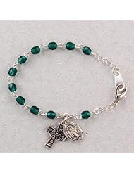 Irish, Sterling Silver 5 1/2 Emerald Green Baby Bracelet, Infant Jewlery, Girls Rosary Bracelet, Celtic Cross & St. Mary Miraculous Medal Charms