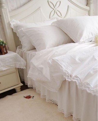 Shabby Chic White w/corchet lace 4pc Bedding sheet set, King