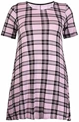 Plus Size Viscose Short Sleeves Checkered Print Flared-Skirt Jumper 