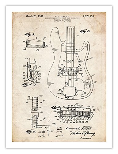 FENDER PRECISION BASS GUITAR POSTER 1961 US Patent Art Print Vintage Reproduction Gift Pbass, 18 by 24 inches