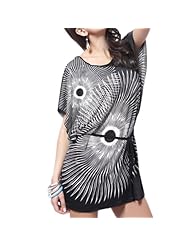 Sheer Belted Summer Cotton Floral Print Round Neck Tunic 