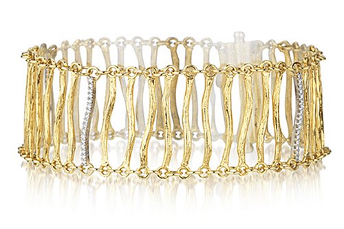 14 Karat Yellow Gold Matte-Finish Hand-Crafted Designer Bracelet, Enhanced with Pave Set Curved Diamond Links.