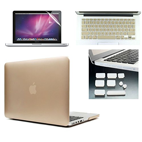 Applefuns(TM) 4IN1 Kit Hard Shell Case + Keyboard Cover + Screen Protector + Dust Plug for Macbook Pro 13 inch with Retina Display A1425 A1502 (Metallic Gold)