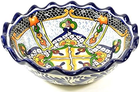 9.75 Inch Hand Painted Round Talavera Serving Dish Scallop Edges