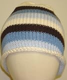 Knitted Ivory Blue Denim Dark Brown Cotton Stripe Finished By Hand Crochet Infant and Toddlers Hat