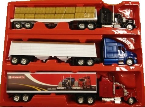 Deluxe Long Hauler Set 1:43 Die-Cast Kenworth Semi Truck, Peterbilt Grain Hauler, Kenworth flat bed with bales (3 trucks total)-image