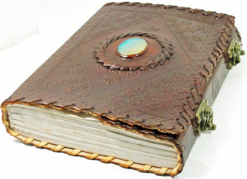 handmade paper 6x8 embossed leather center stone journal with two brass latches