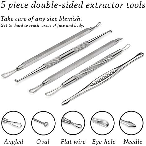 #1 Comedone Pimple Extractor Kit - 5 Stainless Steel Extractor Set Professional Quality - FREE Leather Case with mirror / Blackhead Pimple Comedone Remover