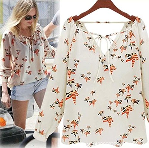 チュニック ブラウス シャツ 大きい サイズ 有 個性 的 鳥 プリント 長 袖 トップス シフォン セレ カジ アニマル 白 (オリジナル・ブレスレットとサシェセット)