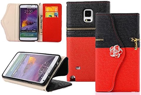 Note 4 Case,Samsung Galaxy Note 4 Case, Welity Stylish Zipper Rhinestone Camelliae Premium Black &amp; Red Color PU Leather Wallet Credit ID Card Slot Holder Purse Phone Case Cover for Samsung Galaxy Note 4 and one gift