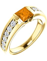 18K Yellow Gold 5.00x5.00mm Princess Cut Spessartite Garnet and Diamond Ring -- LIFETIME WARRANTY