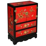 EXP Handmade Asian Furniture - 32" Black & Red Lacquer Wood Chinese Storage Cabinet W/ Peony Flowers