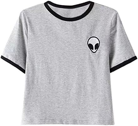 Creblue Extraterrestrial Summer Women Short Sleeve Tops T-shirt Blouse (Grey, M)