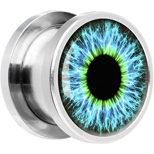 00 Gauge Steel Human Eye Brilliant Blue Explosion Screw Fit Plug - 1 Piece