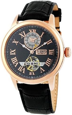 Ti Sento Round Face Leather Strap Dual Time Water Resistant Watch - No. 50041 (Dial Black, Band Color Black)