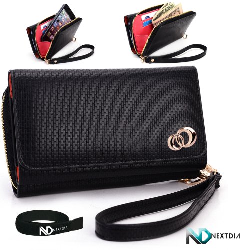 HTC ThunderBolt Black Woven EPI Leather Uptown Wallet Cellphone Carrying Case with Separate Compartment for ID, Cash and Credit Cards + NextDia ™ Velcro Cable Wrap