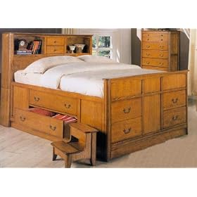 Oak Finish Bookcase Queen Headboard Bed