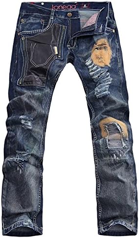 Casual Patched Holey Long Pants Zippers Stitching Straight Ripped Jeans (34, Dark Blue)
