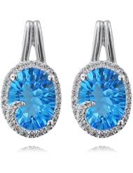 10k White Gold Millennium Cut Oval Blue Topaz Gemstones and Halo Diamond and Gemstone Earring, Birthstone of December