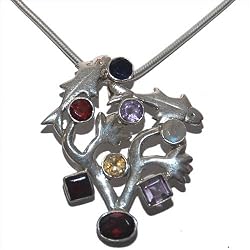 Romantic Gift for Her Silver Chain Multi Gemstone Pendant 1.5 Inches