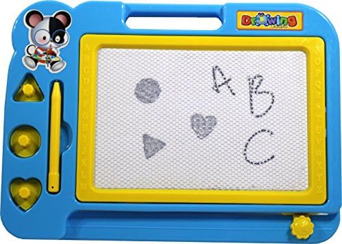 Reliable Home Products - Erasable Magnetic Drawing Board for Kids with Stamps Shapes and Pen - Best Doodle Toy Sketcher Game great for Children, Craft, Writing Pad - Travel Size, Color Blue