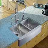 IMAGE OF Vigo Industries VG15092 Farmhouse Faucet Two Strainers Dispenser Double Bowl Kitchen Sink, Steel