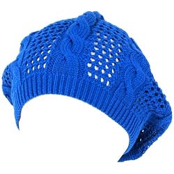 New Cotton Crochet Vented Knit Slouchy Beret Tam Hat Blue