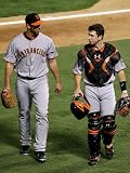 San Francisco Giants v Texas Rangers, Game 4: Madison Bumgarner,Bengie Molina Photographic Poster Print by Ronald Martinez, 12x16