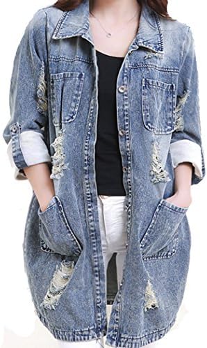 Helan Women's Vintage Style Demin Long Trench Coat Large Blue