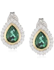 18k Yellow Gold Plated Sterling Silver Two-Tone Created Green Quartz and Simulated Diamond Teardrop Stud Earrings