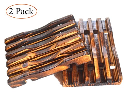 MelonBoat 2 Pack Country Style Wood Shower Soap Dish Set, Wooden Soap Saver Holder, Antiqued Dark Brown, Rectangle Concave