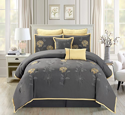 Grand Linen7 Piece Modern Oversize Grey with Yellow Sunflower Embroidered Comforter Set Queen Size Bedding