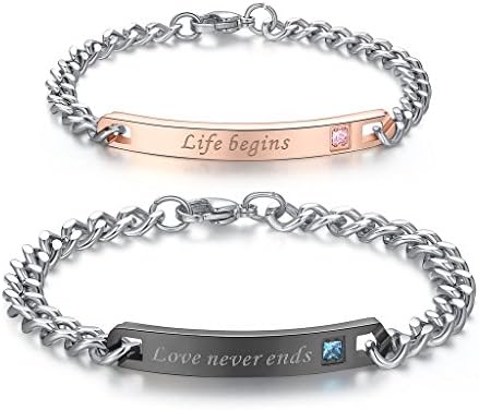 AmorFeel "Life Begin,Love never ends" Stainless Steel His and Hers Bracelet(2pcs)