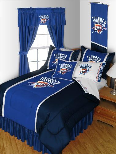 OKLAHOMA CITY THUNDER FULL 15 PIECE BEDDING COMFORTER BED IN A BAG (COMFORTER, 1 - FLAT SHEET, 1 - FITTED SHEET, 2 - PILLOW CASES, 2 - PILLOW SHAMS, 1- TOSS PILLOW, 1- BED SKIRT, 1 - VALANCE, 2 - DRAPES, 2 - TIE BACKS, 1 - WALL HANGING)