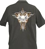 Dragonfly Clothing Embroidered Work Style Shirt Skull Crossbones Pistons Biker Shirt, Heavily Embroidered Tattoo Design Bad Boy Shirt, Mens Button Front Work Shirt, Bowling Shirt, Rockabilly