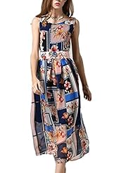 Chiffon Sleeveless Shift Vintage Belted Pleated Round Neck Floral Print Maxi Dress 