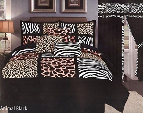 7-Piece Micro Fur Animal Patchwork Bed Comforter Set King Brown, Black, White