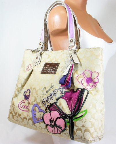 Coach Signature Poppy Petal Flower Hearts Applique Glam Bag Purse Tote 16301 Khaki