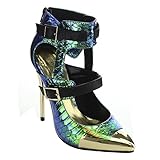 Wildrose Wilson43 Women's Pointy Toe Iridescent Snake Strap Stiletto Pump Bootie, Color:BLUE, Size:5.5