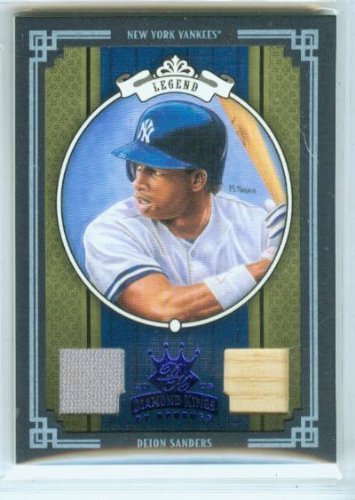 Deion Sanders Dual Game Used Jersey & Bat 2005 Donruss Diamond Kings Crowning Moments Baseball Card #431 & #/50 Made / New York Yankees