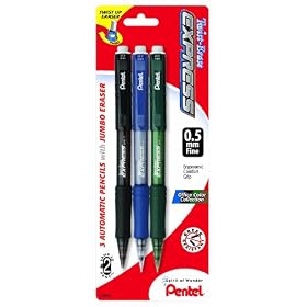 Pentel Twist-Erase  EXPRESS Automatic Pencil, 0.5mm, Assorted Barrels, 3 Pack (QE415BP3M)