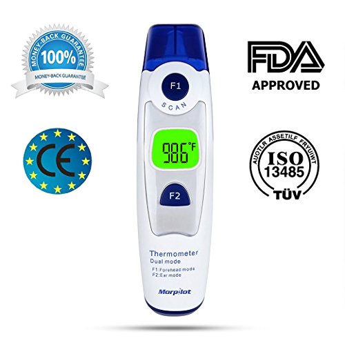 [FDA & CE Approved]Morpilot® Digital Thermometer Forehead & Eardrum Dual Mode for Adult and Child Medical Quality Fast 1 second and Accurate measurement 20 Memory Recall Safe and Hygienic(Blue)