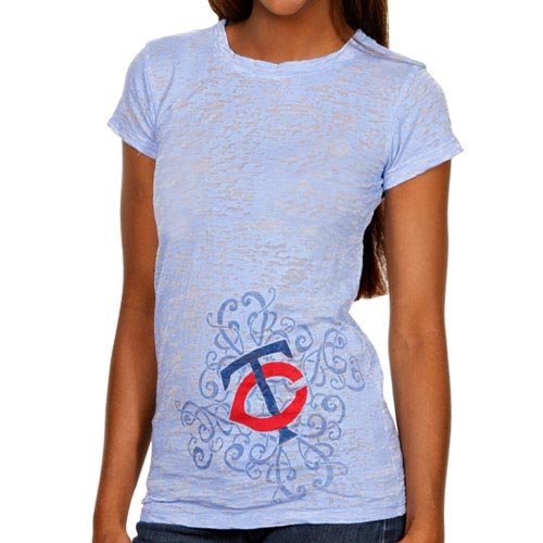 Minnesota Twins Ladies Scroll Burnout Premium Crew T-shirt - Light Blue (Large)