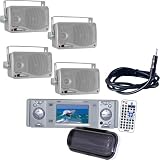 Pyle Marine Radio, Speaker and Cable Package - PLDMR3U In-Dash Marine CD/DVD Receiver with 3 Built In Monitor - 2x PLMR24S 2 Pairs of 3.5 200 Watt 3-Way Weather Proof Mini Box Speaker System (Silver Color) - PLMRNT1 22" Water Resistant Radio AM/FM Marine Wire Antenna Braided Cable