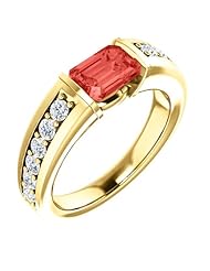 18K Yellow Gold 7.00x5.00mm Emerald Cut Chatham Created Padparadscha Sapphire and Diamond Ring -- LIFETIME WARRANTY