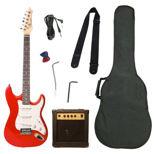 Barcelona Beginner Series Double Cutaway Electric Guitar Bundle with 10-Watt Amp, Gig Bag, Strap, and Accessories - Metallic Red