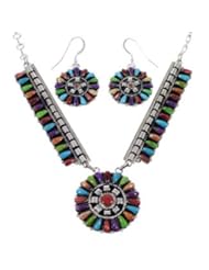 Multicolor Southwest Silver Earrings Link Necklace Jewelry Set FX26356
