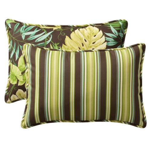 Pillow Perfect Decorative Green/Brown Tropical/Striped Reversible Toss Pillow, Rectangle, 24-1/2 Length, 2-Pack